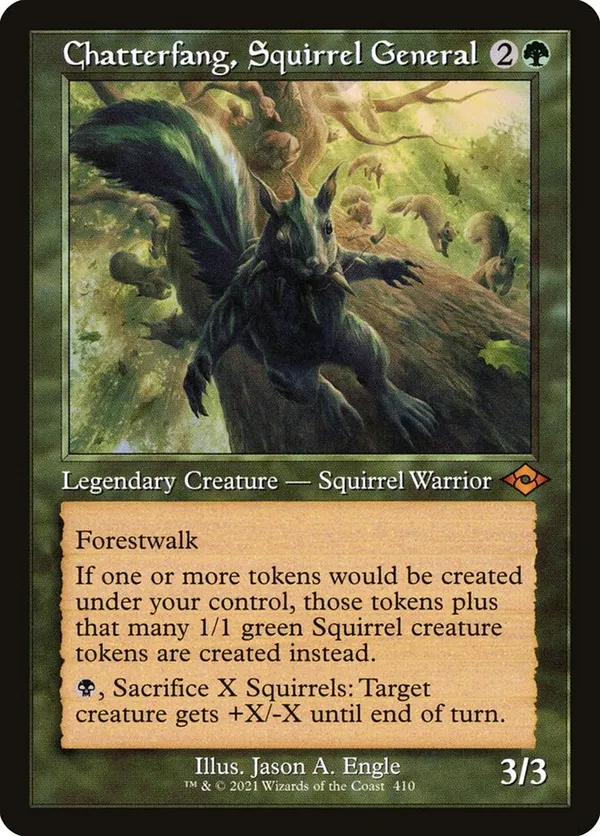 mtg cards with squirrels in the art Squirrel Token (1/1) by Pat Lewis Chatterfang, Squirrel General | Bloomburrow