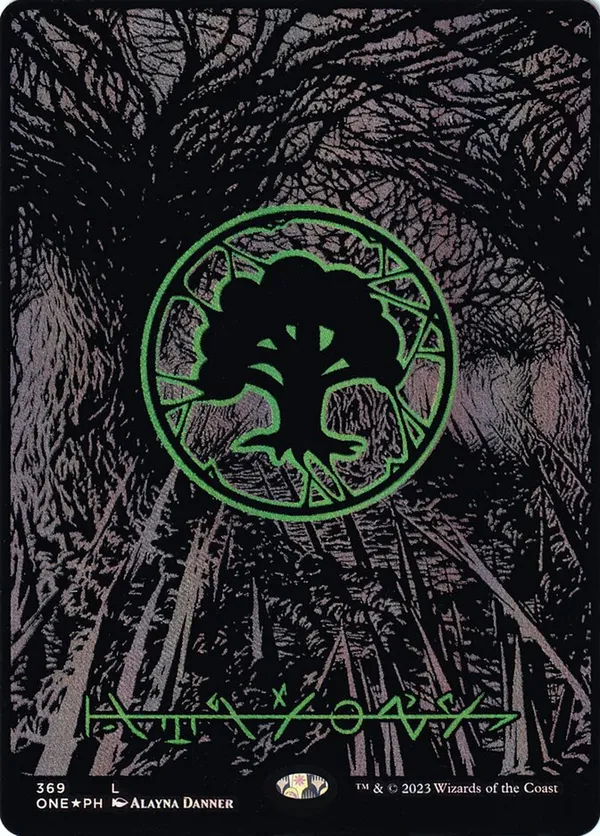 Forest (Phyrexian) - Full Art (Oil Slick Raised Foil)