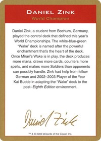 2003 Daniel Zink Biography Card